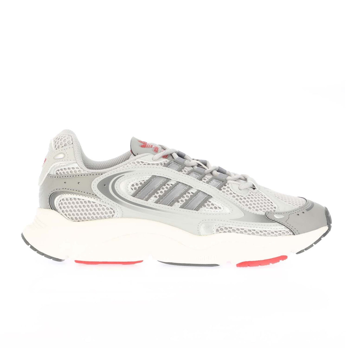 Grey Adidas Originals Ozmillen running shoes with mesh, stripes, and red accents
