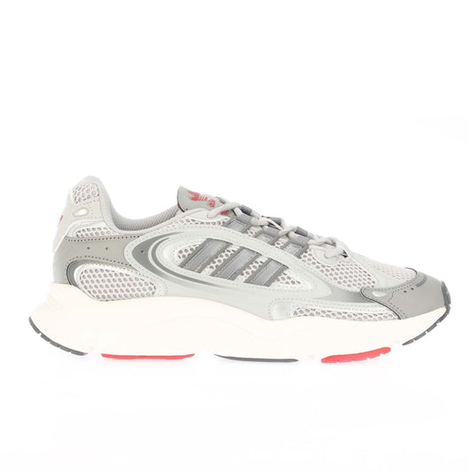 Grey Adidas Originals Ozmillen running shoes with mesh, stripes, and red accents