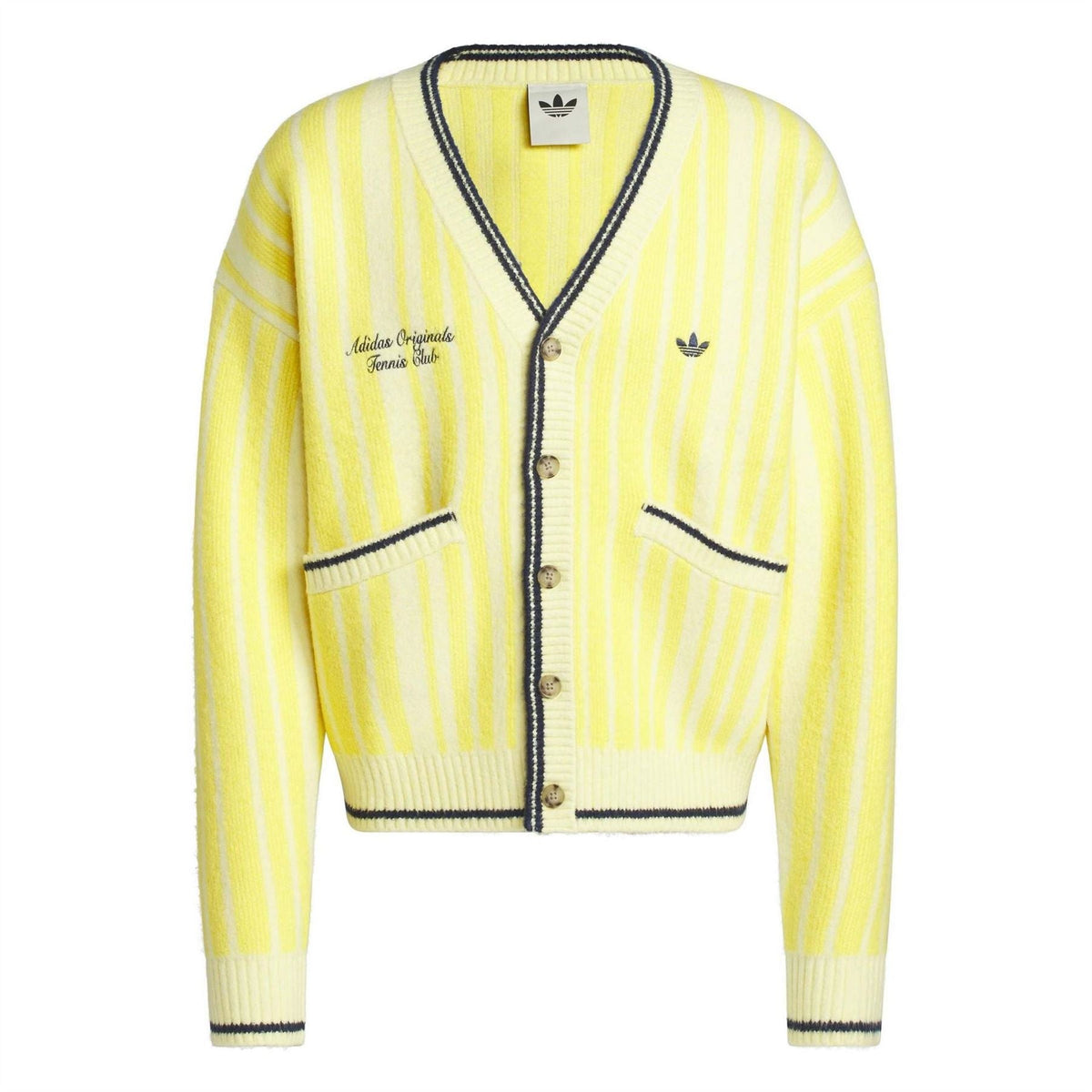 Yellow striped cardigan with navy trim, V-neck button front, and chest pockets.