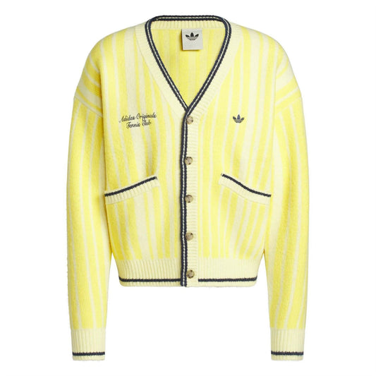 Yellow striped cardigan with navy trim, V-neck button front, and chest pockets.