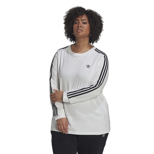 adidas Originals long sleeve top with 3 stripes, casual athletic wear, navy blue color, made from soft fabric, front view