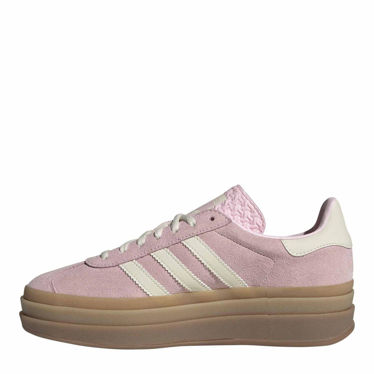 Pink suede adidas Gazelle Bold low-top trainers, tonal three-stripe and lace-up front