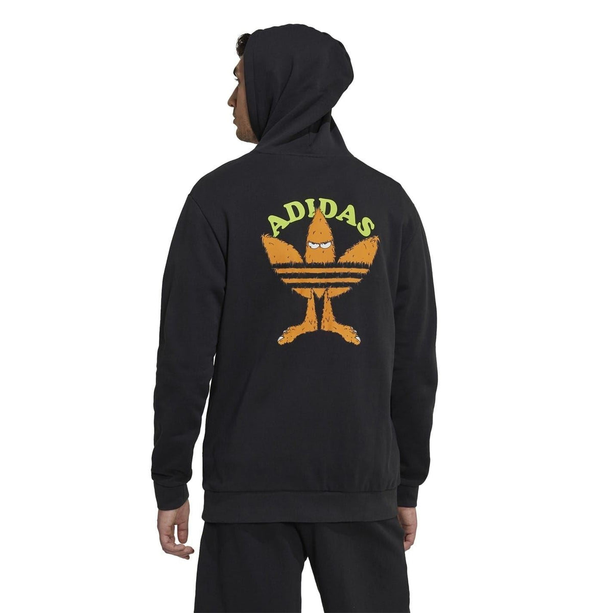 Black hoodie sweatshirt with large back graphic: adidas text and trefoil icon in orange/green.