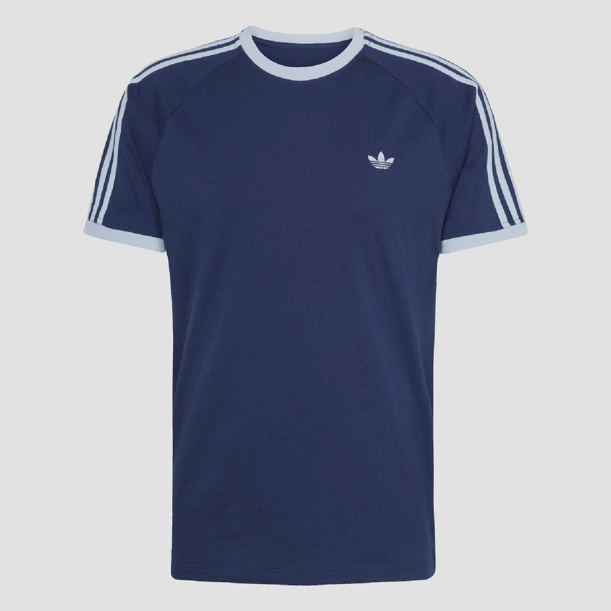 Indigo adidas Originals crew-neck T-shirt with white shoulder stripes and chest logo