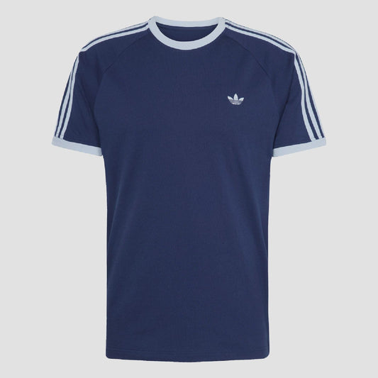 Indigo adidas Originals crew-neck T-shirt with white shoulder stripes and chest logo