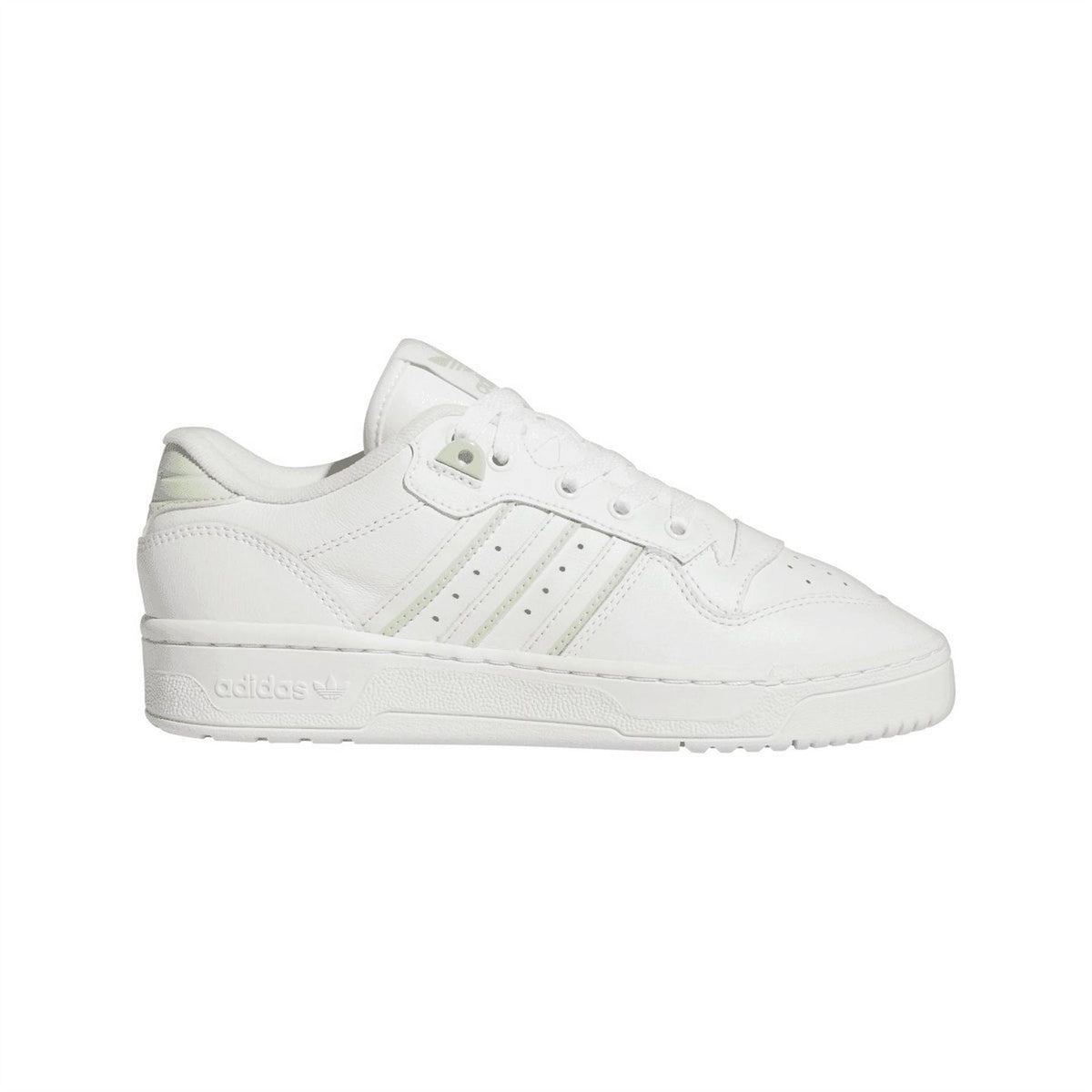 White low-top trainers with three-bar stripes and lace-up front, adidas Originals logo.