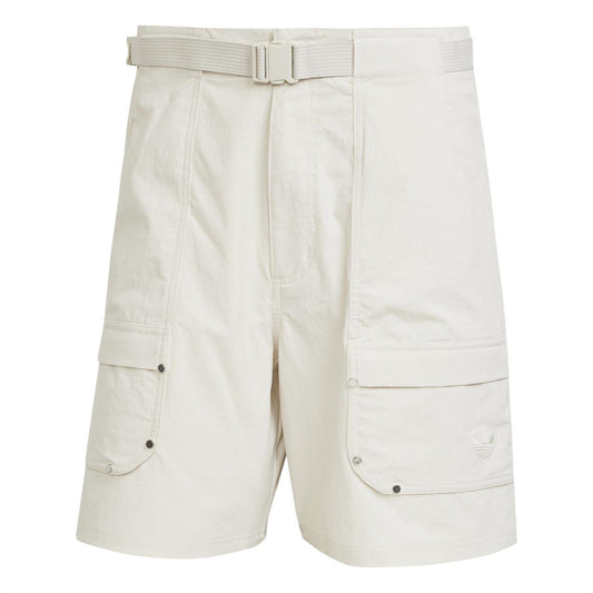 Light off-white cargo shorts with button fly, belt loops, and side flap pockets