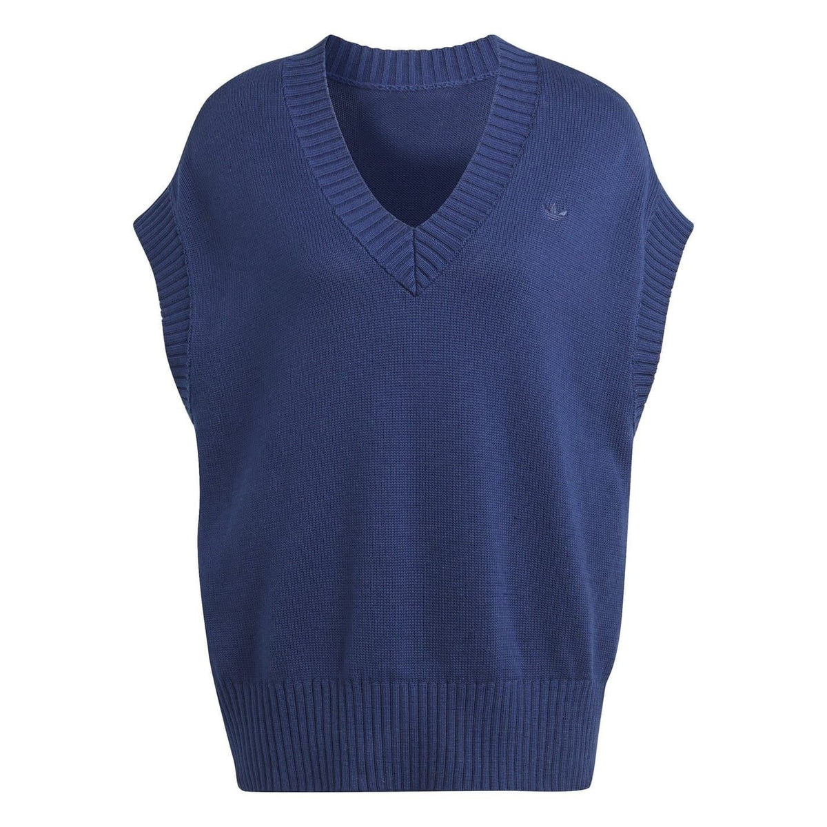 Navy blue ribbed knit gilet with V-neck and sleeveless cut, adidas logo at chest