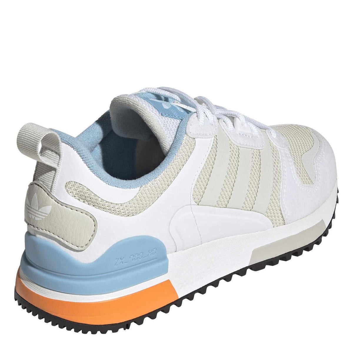 adidas Originals ZX 700 HD lace-up sneakers, rear view with light blue heel and orange trim