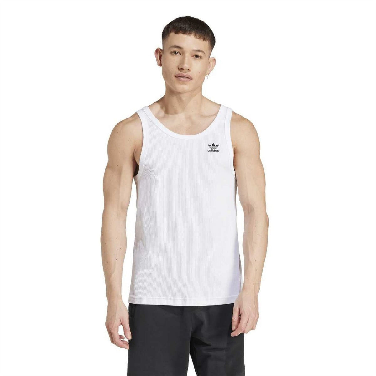 White sleeveless scoop-neck tank, adidas logo on upper left chest