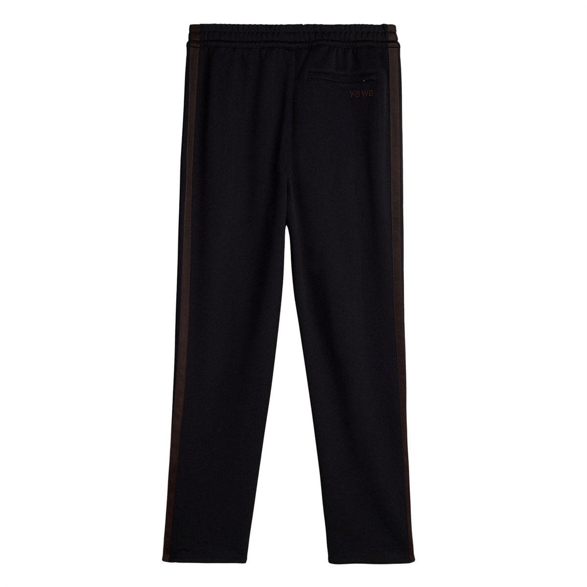 Black track pants with elastic waist and vertical side stripe detail