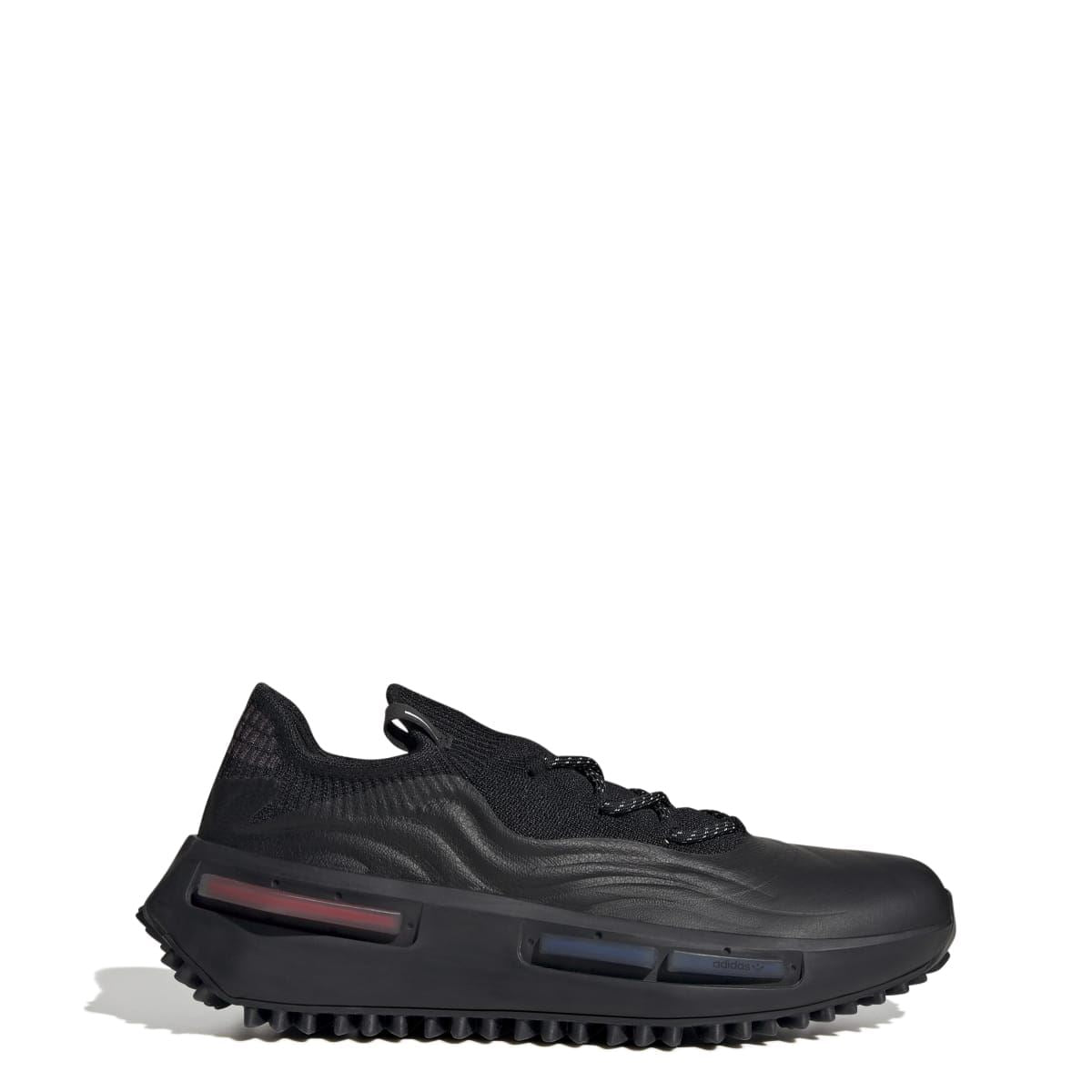 Black adidas Originals NMD S1 trainers, side profile with lace-up knit tongue