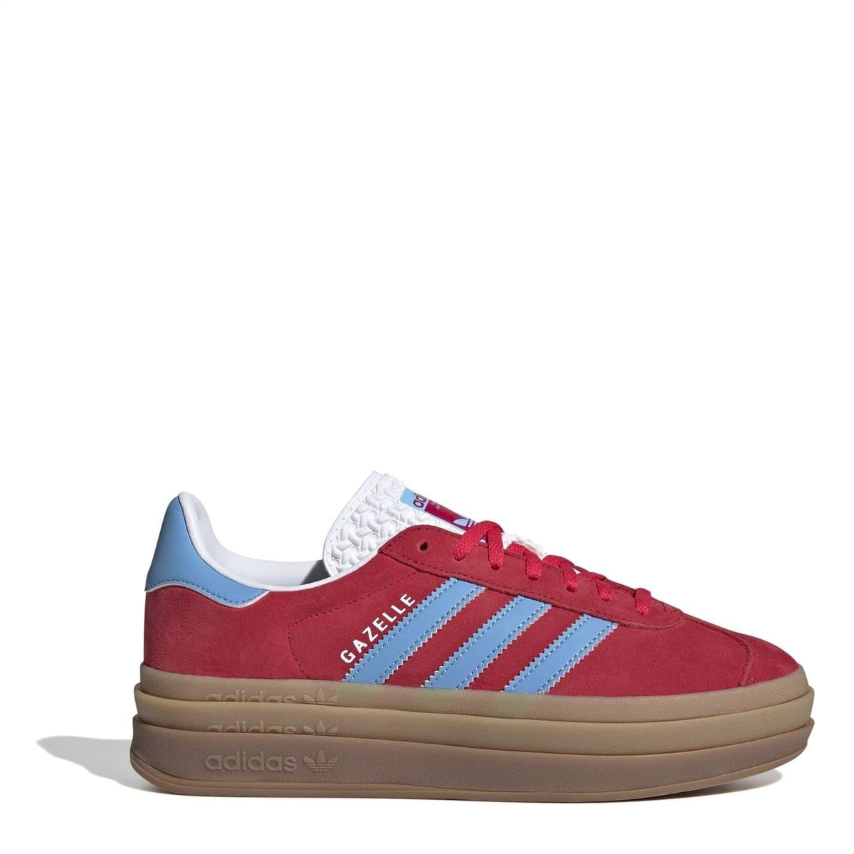 adidas Originals Gazelle low-top sneakers in red with light blue stripes and tan sole