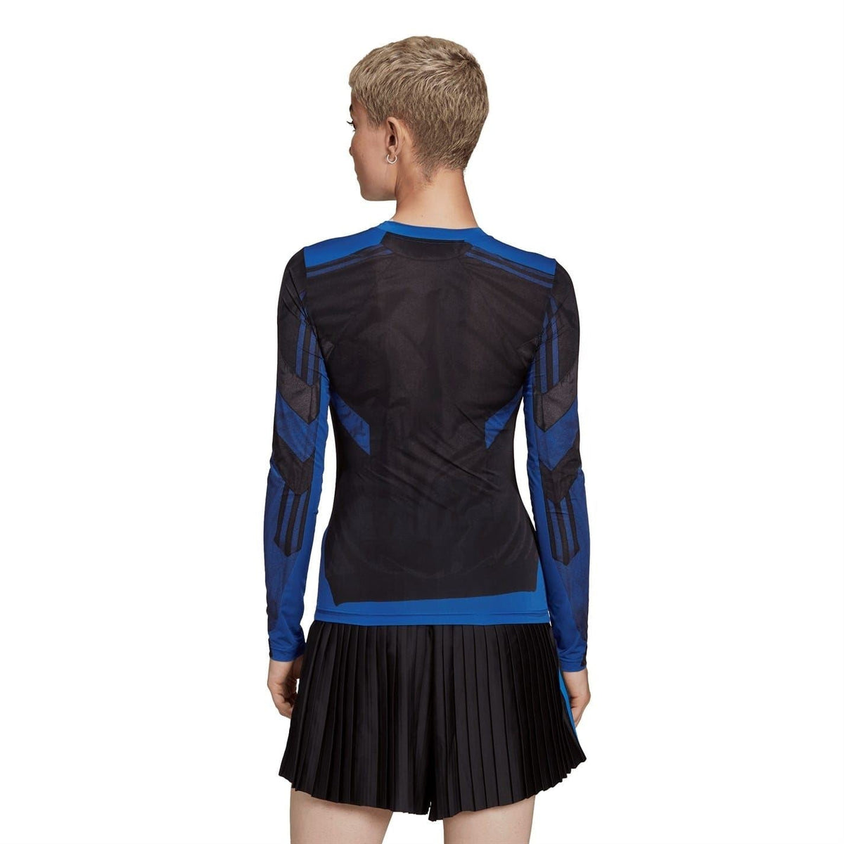 Black long-sleeve crew neck T-shirt with blue back stripes and adidas-style logo detail