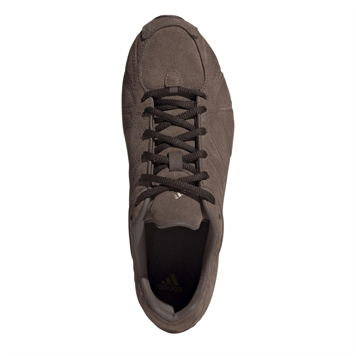 Brown lace-up sneaker from front with black laces, cushioned collar, and suede upper