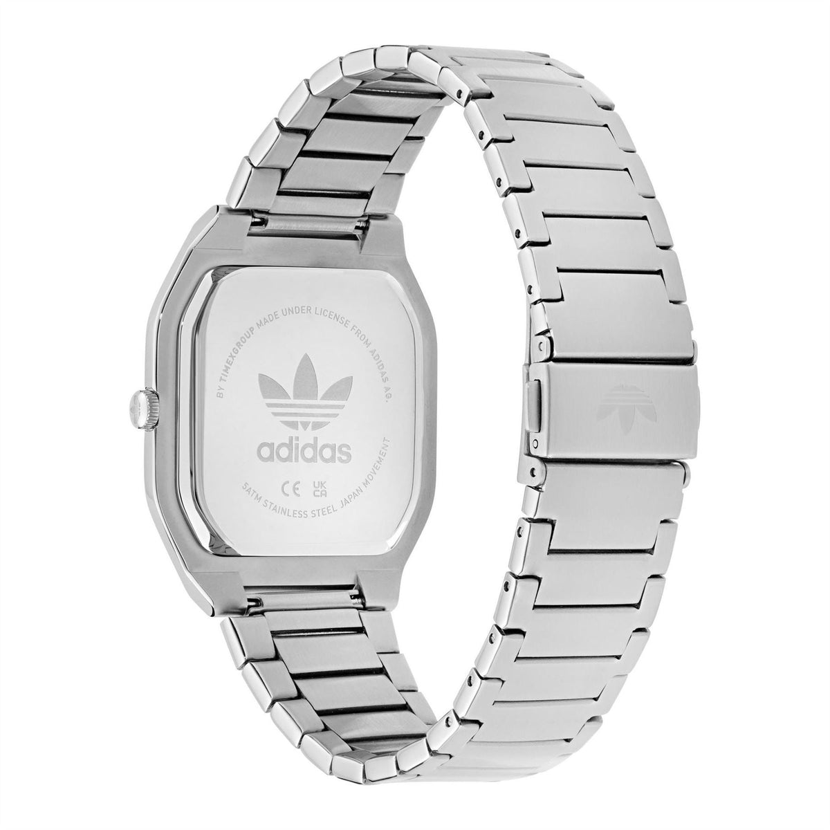 Silver analog watch with metal bracelet, caseback showing adidas logo