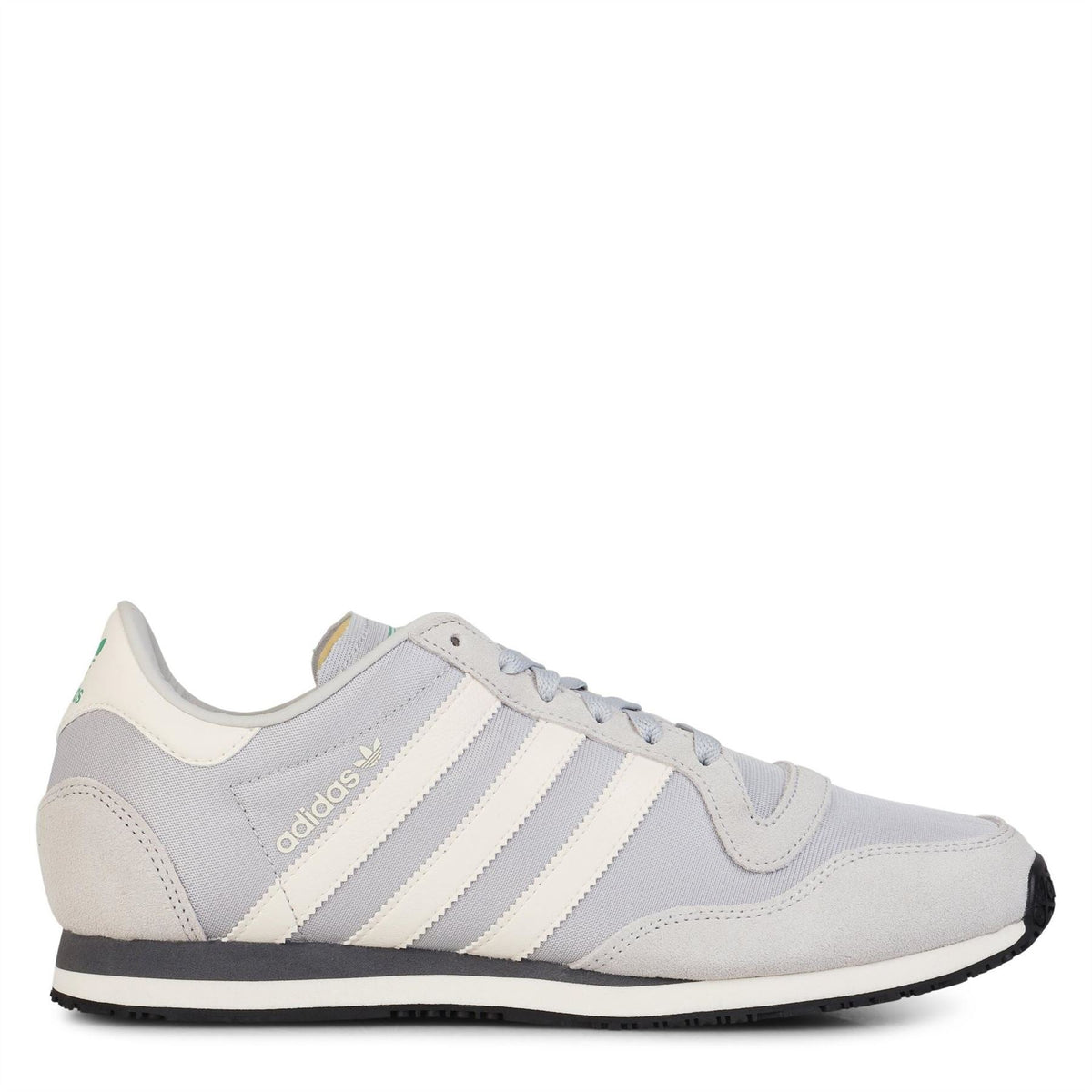 adidas Originals Galaxy OG trainers in light grey with three white stripes and blue laces