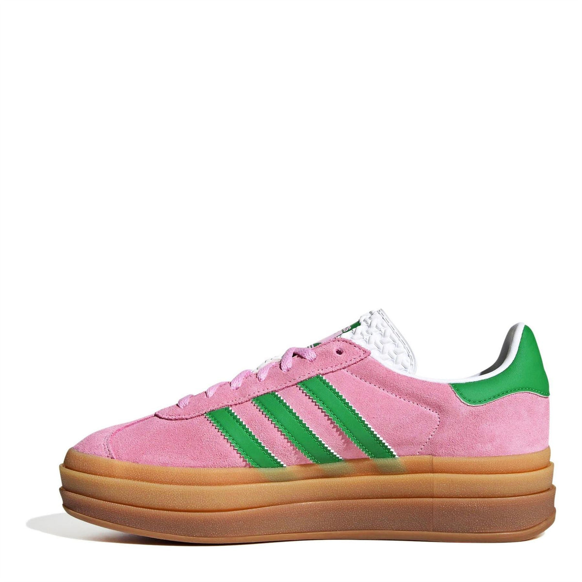 Pink adidas Gazelle Bold trainer with green triple stripes and gum sole