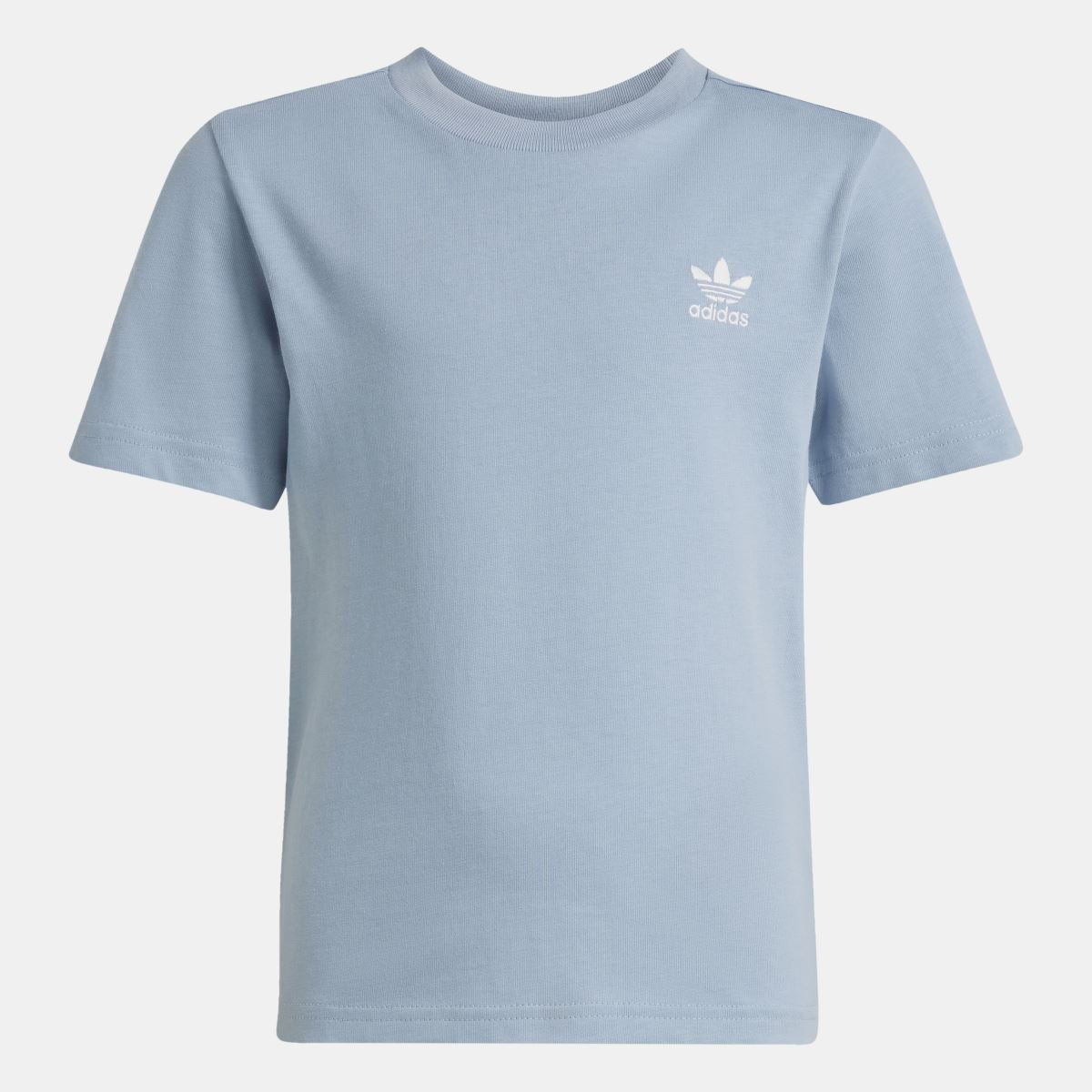 Light blue adidas crew-neck T-shirt with small chest logo; matching shorts hem.