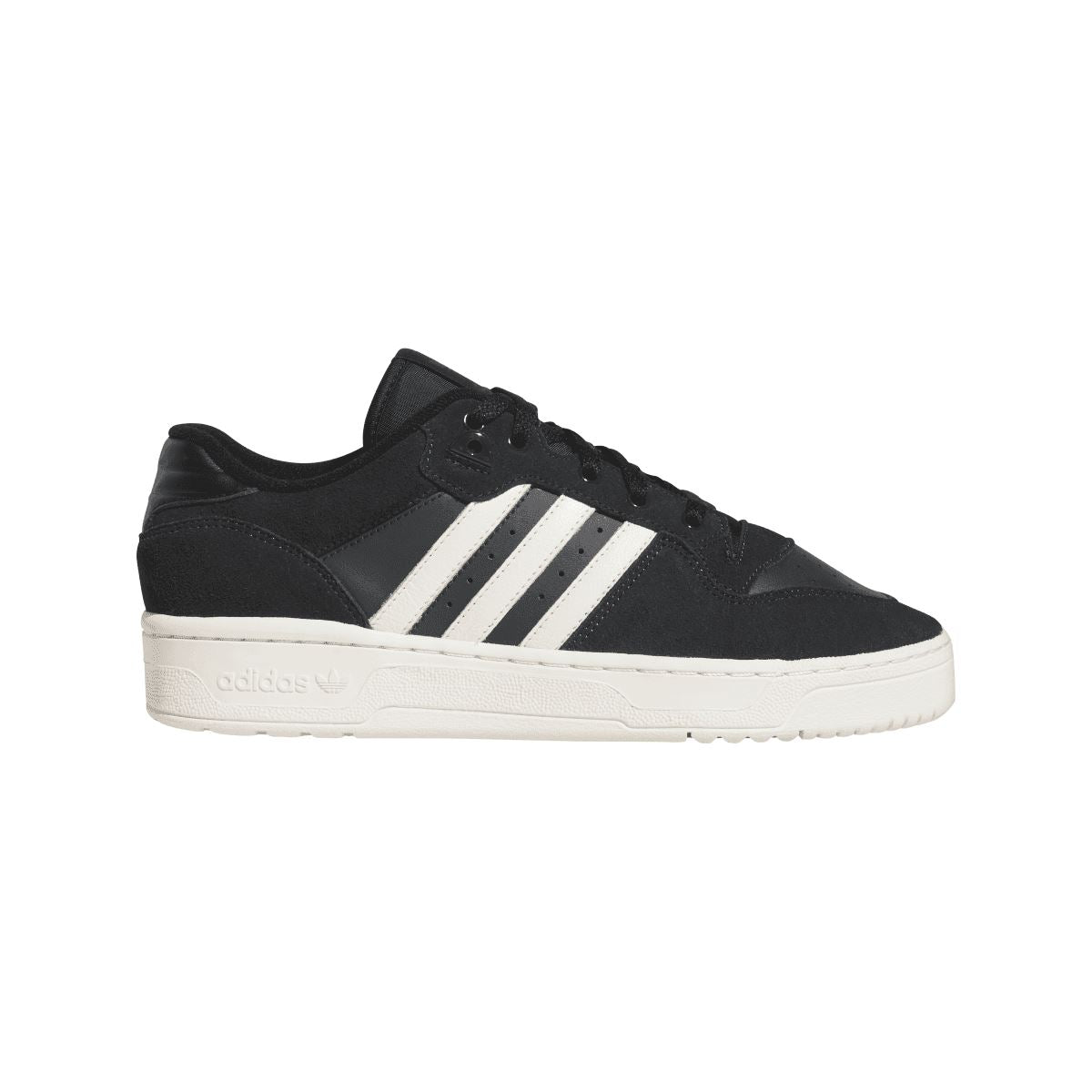 Low-top trainers with black suede upper, white three stripes, lace-up, white sole