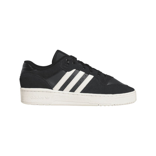 Low-top trainers with black suede upper, white three stripes, lace-up, white sole