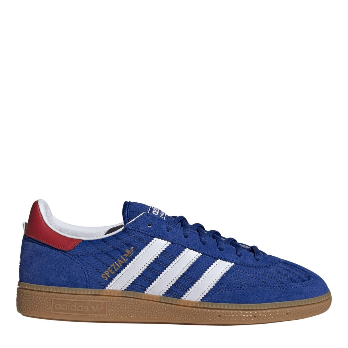 Men's low-top trainers in blue with white stripes and red heel detail, gum rubber sole