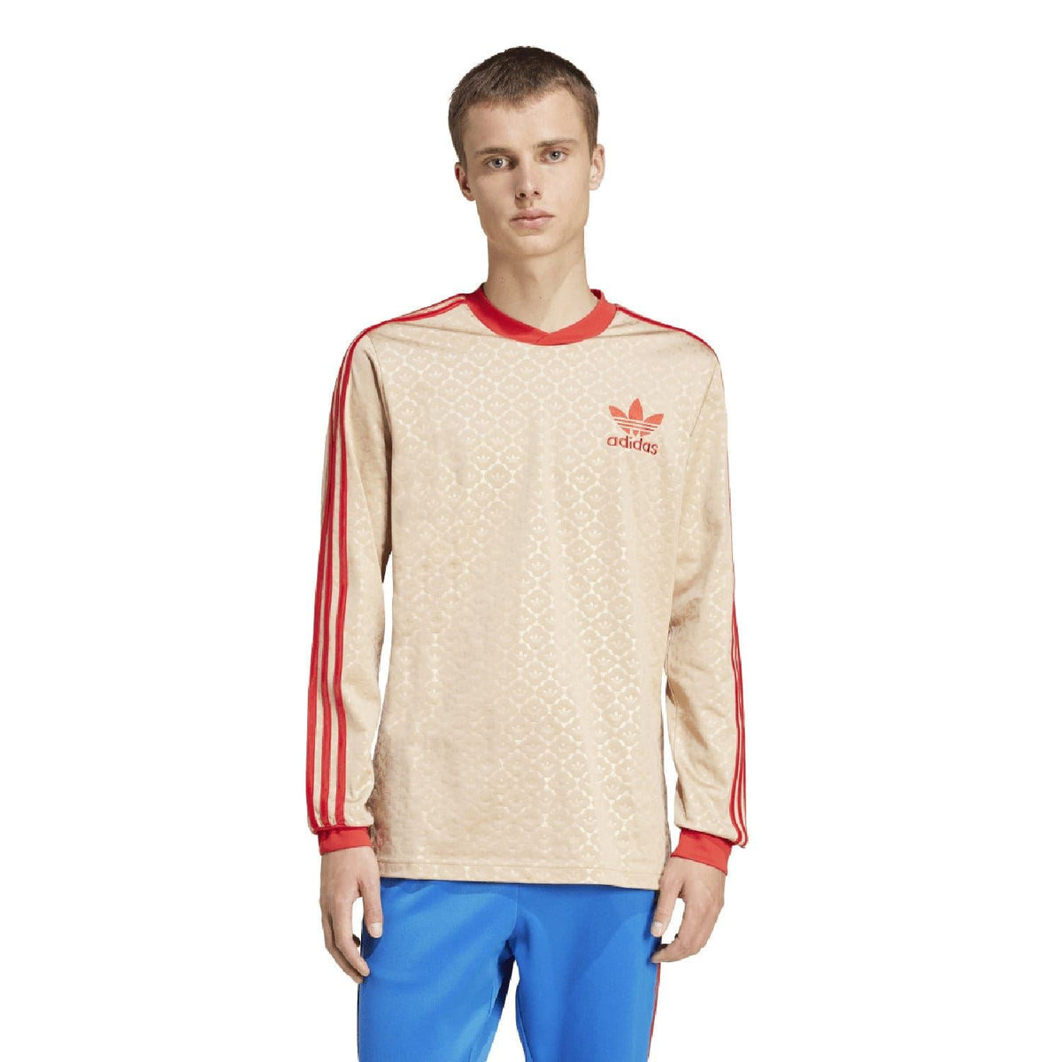 Beige adidas Originals David Beckham jersey with red ribbed collar and sleeve stripes