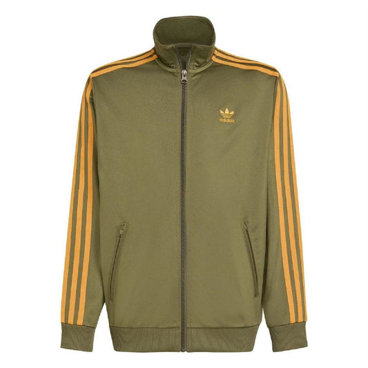 adidas junior athletic zip-up top, olive green with yellow-orange side stripes and high neck