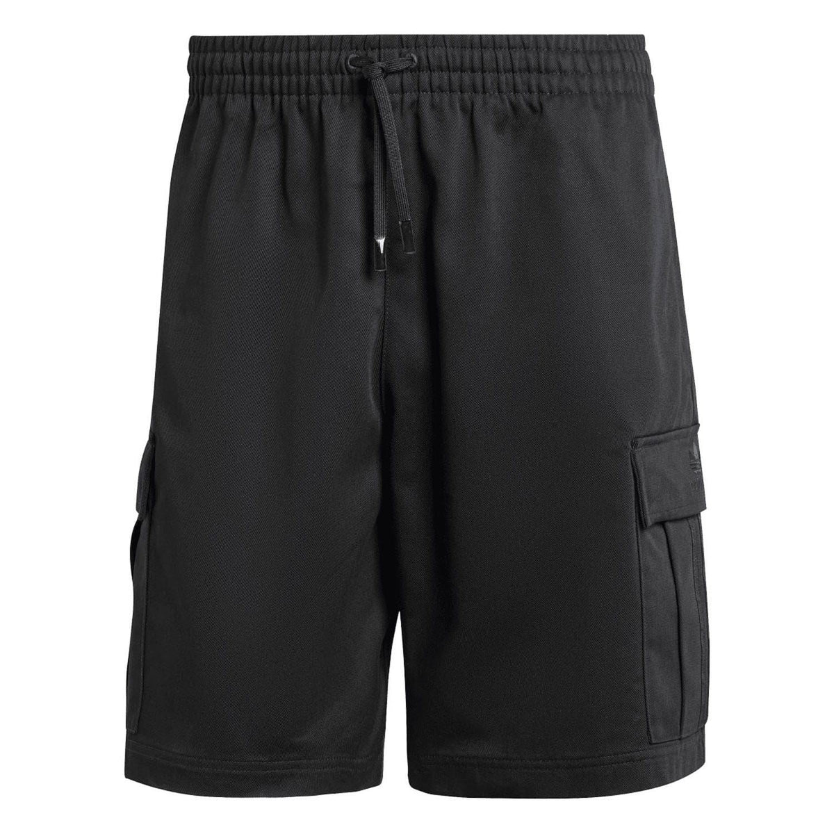 Black cargo shorts with elastic drawstring waist and side cargo pocket