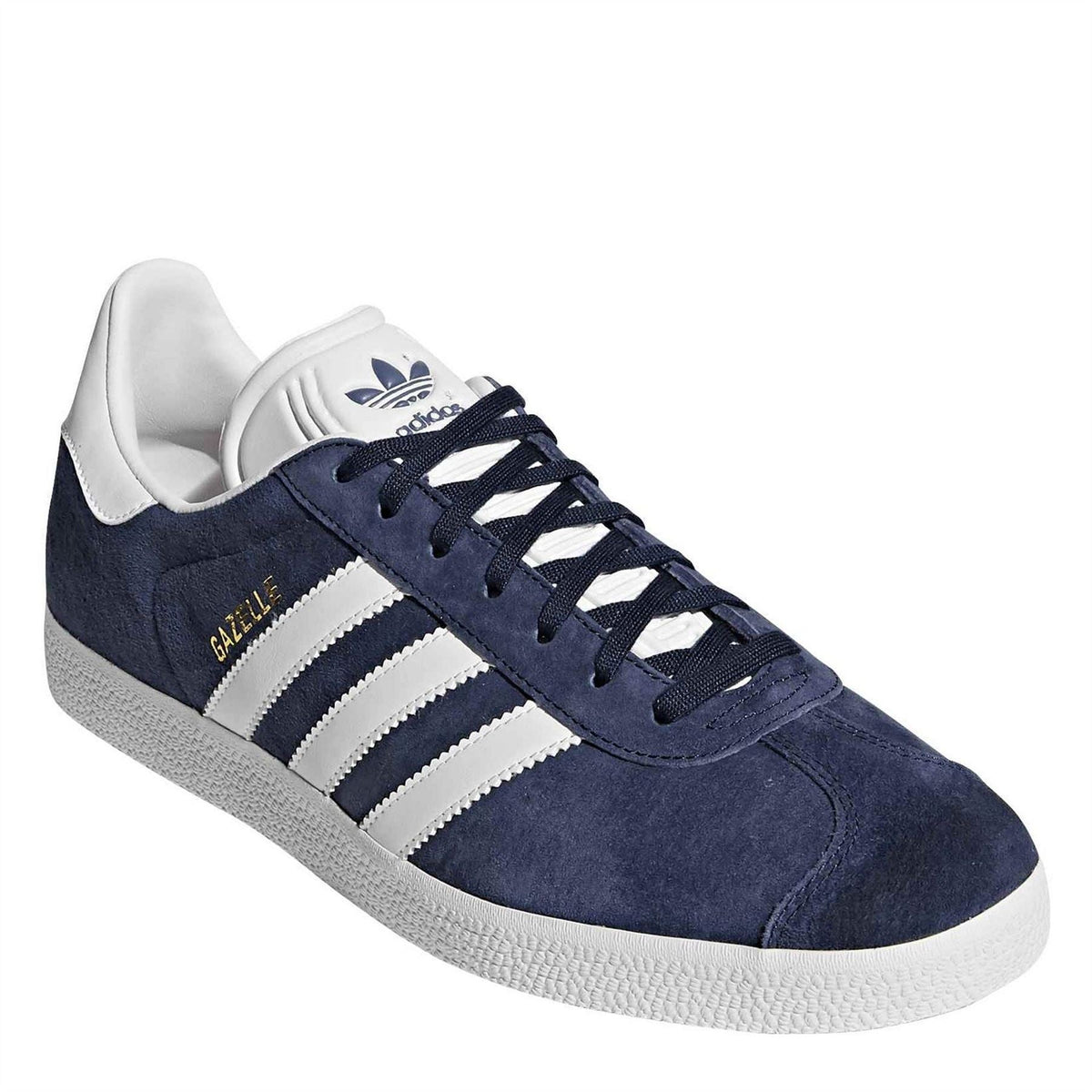 Adidas Gazelle JN64 suede sneakers, navy with white stripes, lace-up front, and Gazelle branding