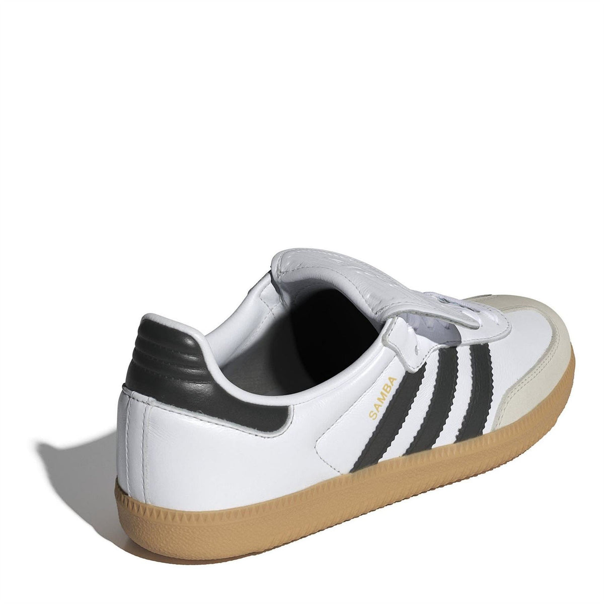 Back view of white low-top sneakers with black collar lining and gum rubber sole.