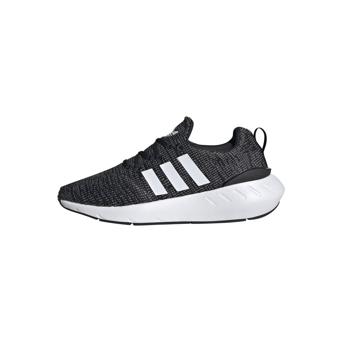 Black and white junior lace-up running trainers with knit upper, three stripes, white sole