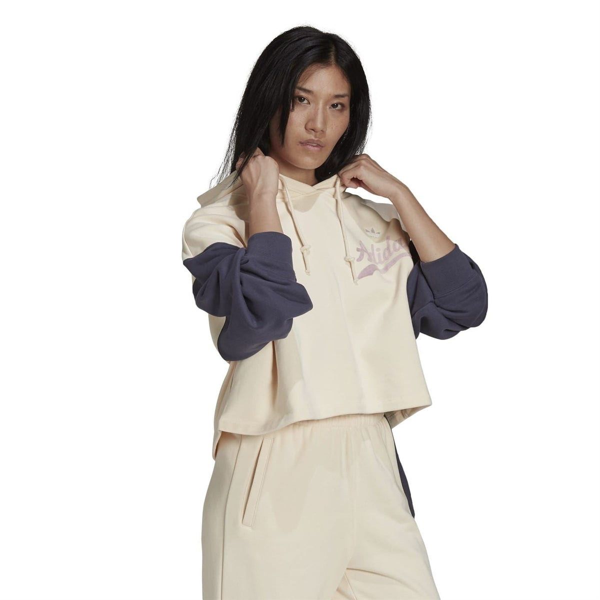 Relaxed cropped hoodie, cream with navy sleeves, hood with drawstrings and Adidas logo