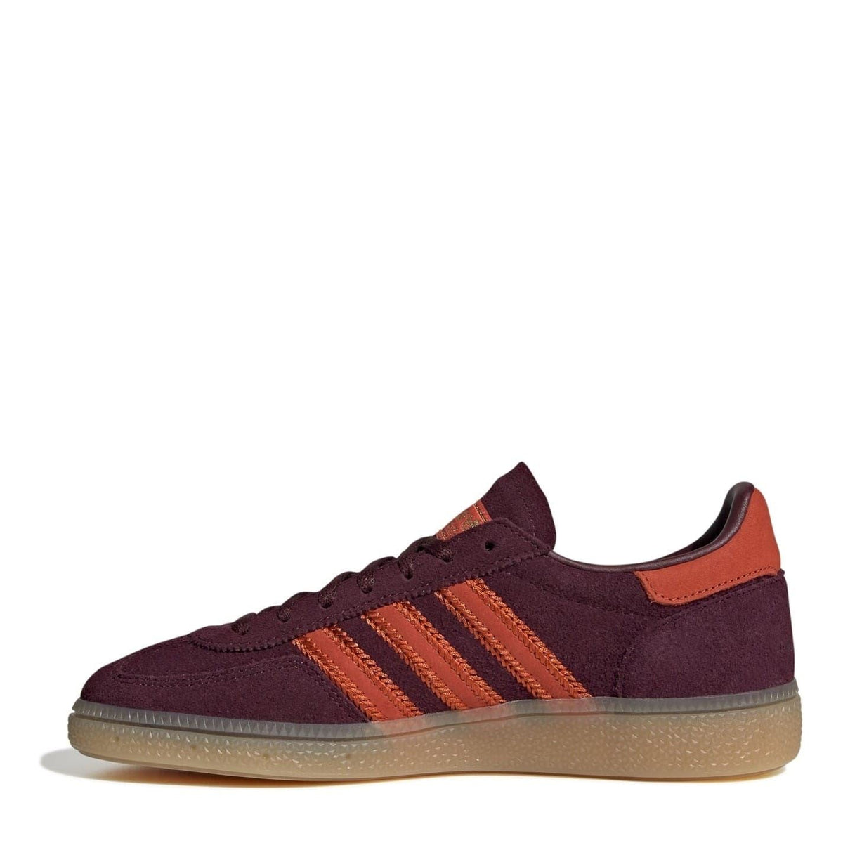Women’s suede low-top sneakers, burgundy with orange accents and gum sole