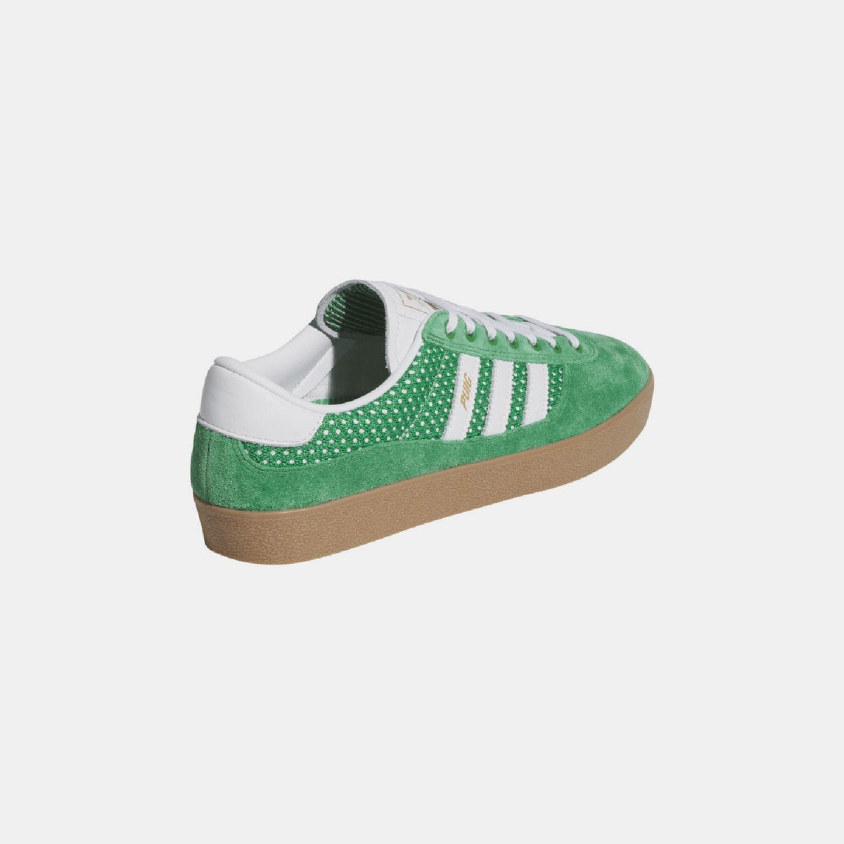 Green adidas indoor trainer from side view with white stripes and gum sole