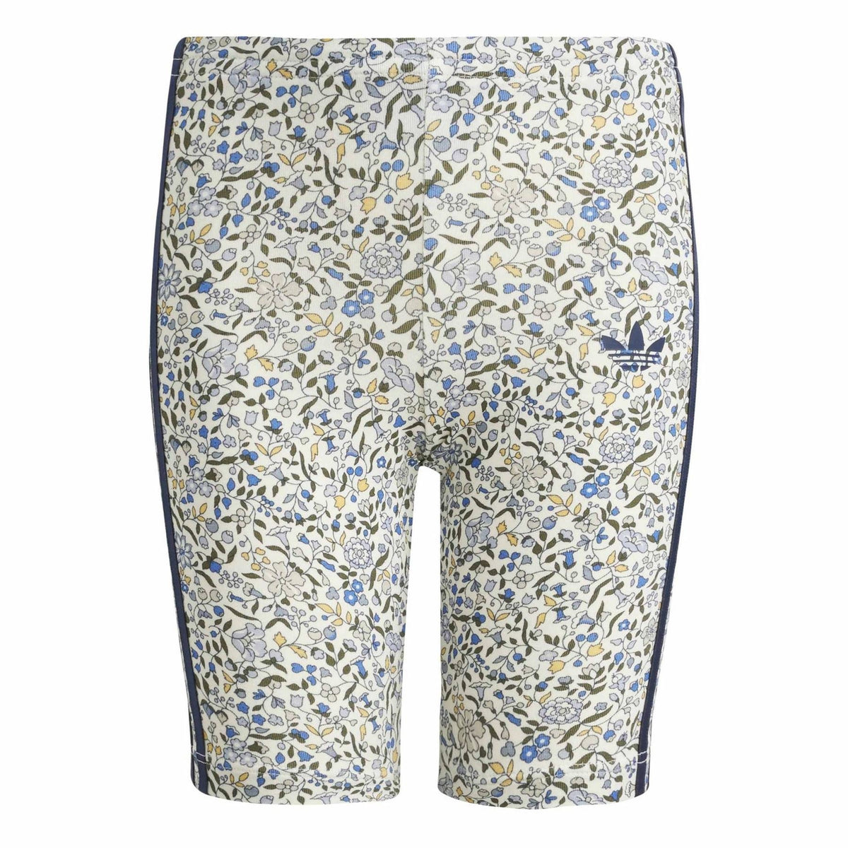 Kids' patterned shorts, light base with navy, blue, and yellow floral print