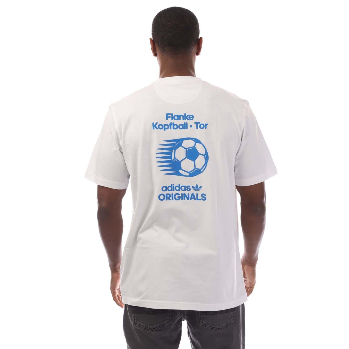 White adidas Originals T-shirt with blue soccer graphic and text on the back