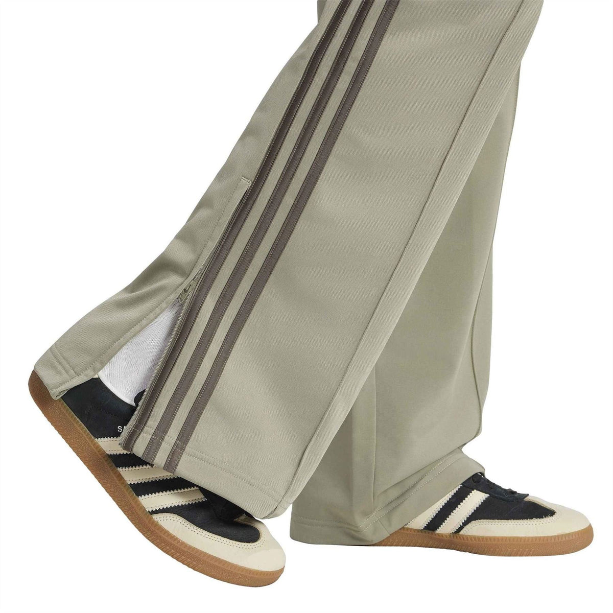 adidas Originals khaki green open-hem joggers with vertical stripe bands