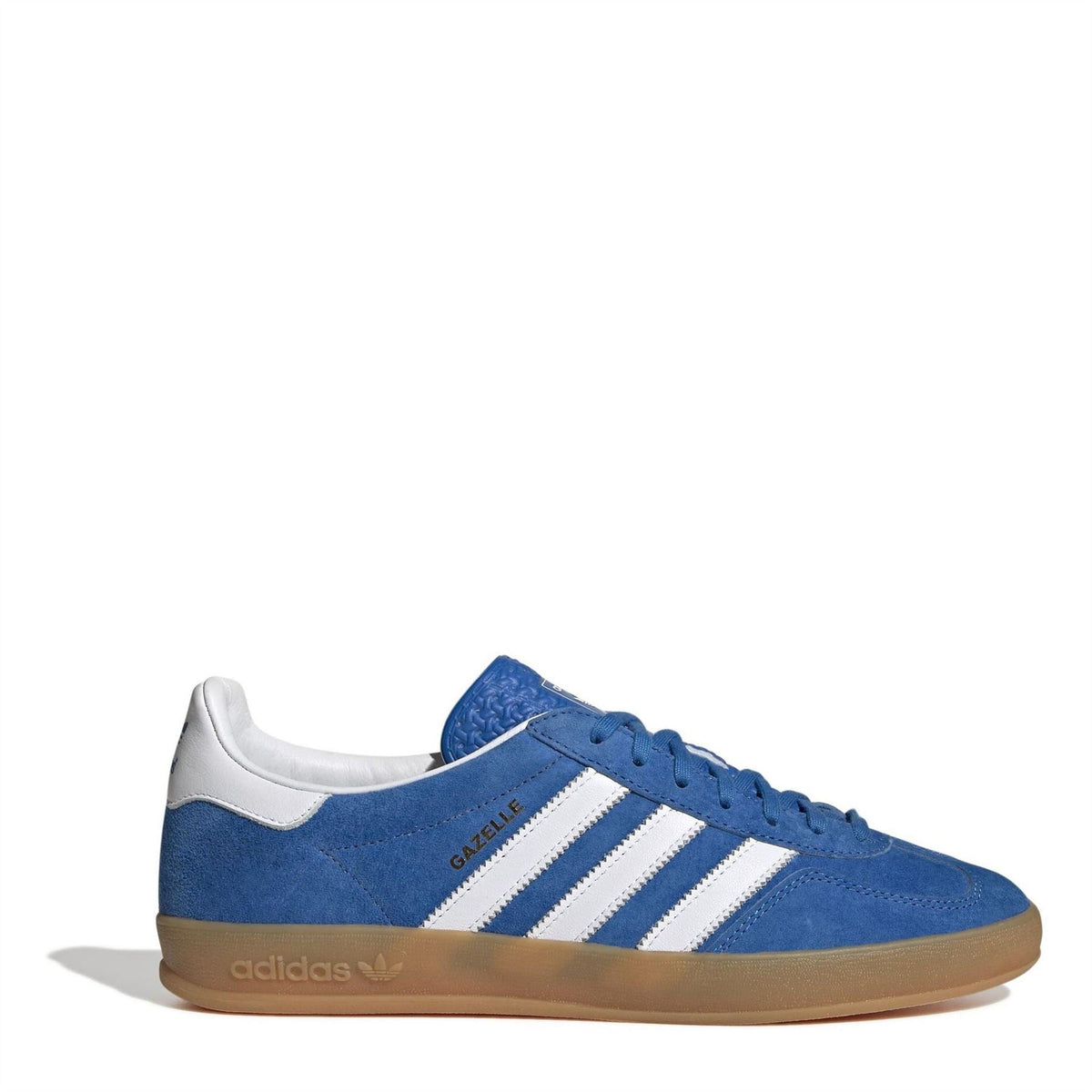 Blue suede low-top sneaker with white three-stripe sides and gum rubber sole