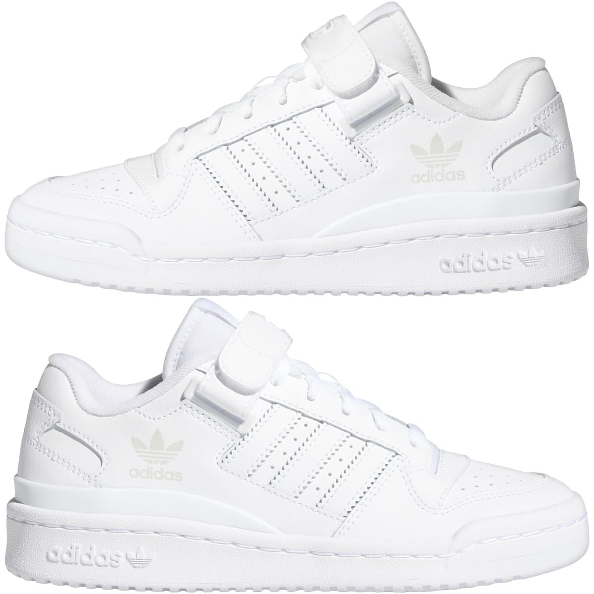 Pair of white kids low-top trainers showing front and side profiles with adidas logos