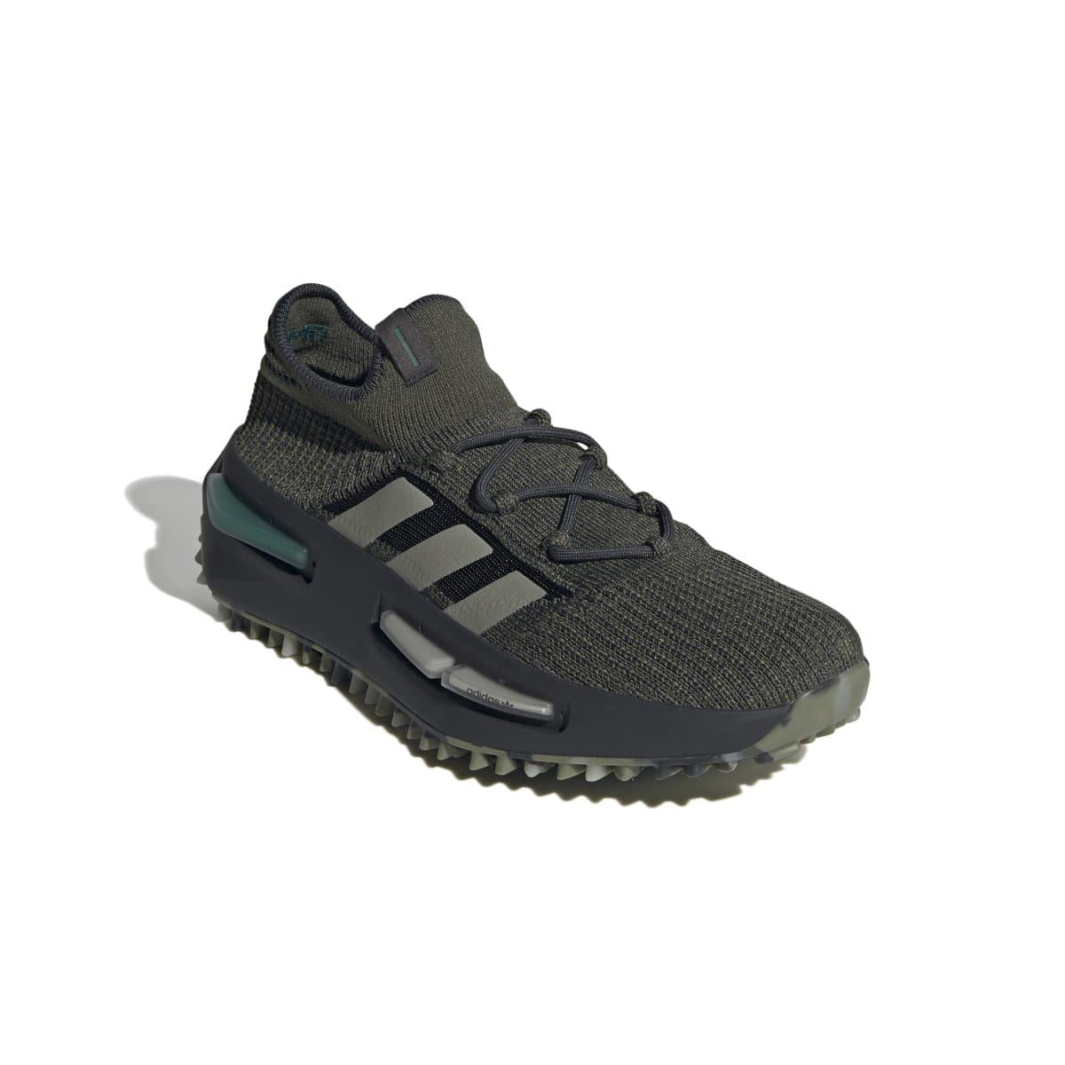 Dark olive knit adidas trainers with black laces, stripe logo, and teal cushioning window