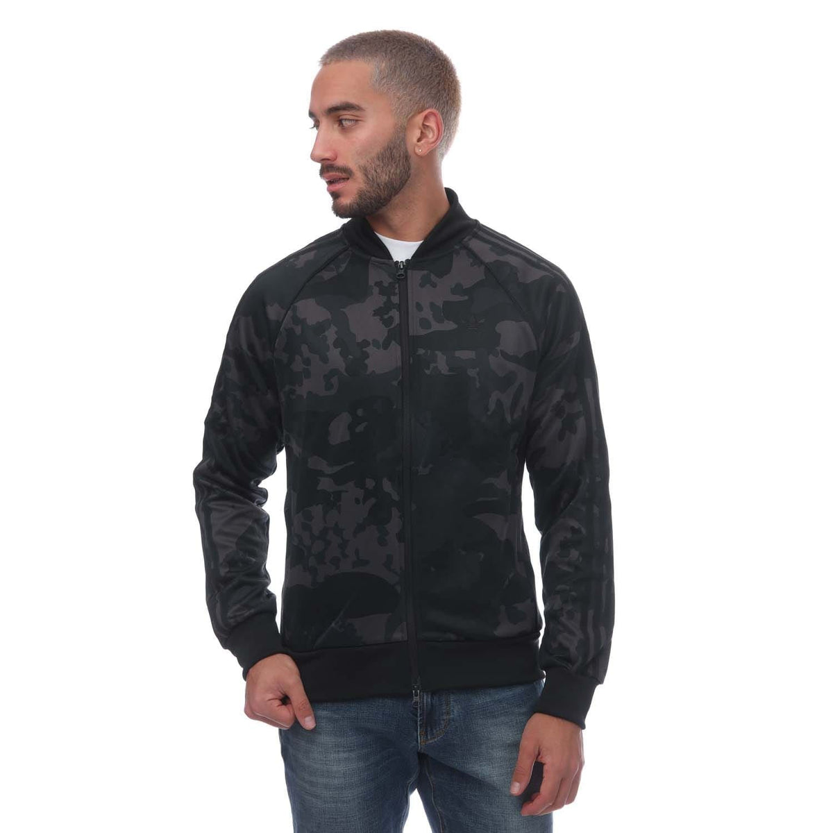Men's camo track top with full-zip front and stand collar, black