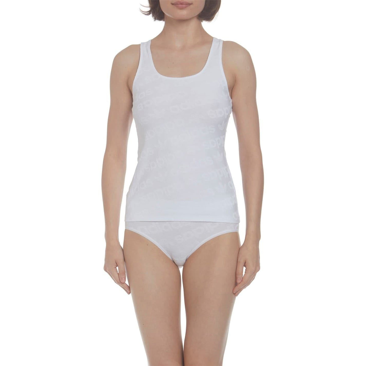 adidas Originals logo vest featuring all-over branding, sleeveless design, and casual fit, perfect for sporty streetwear style