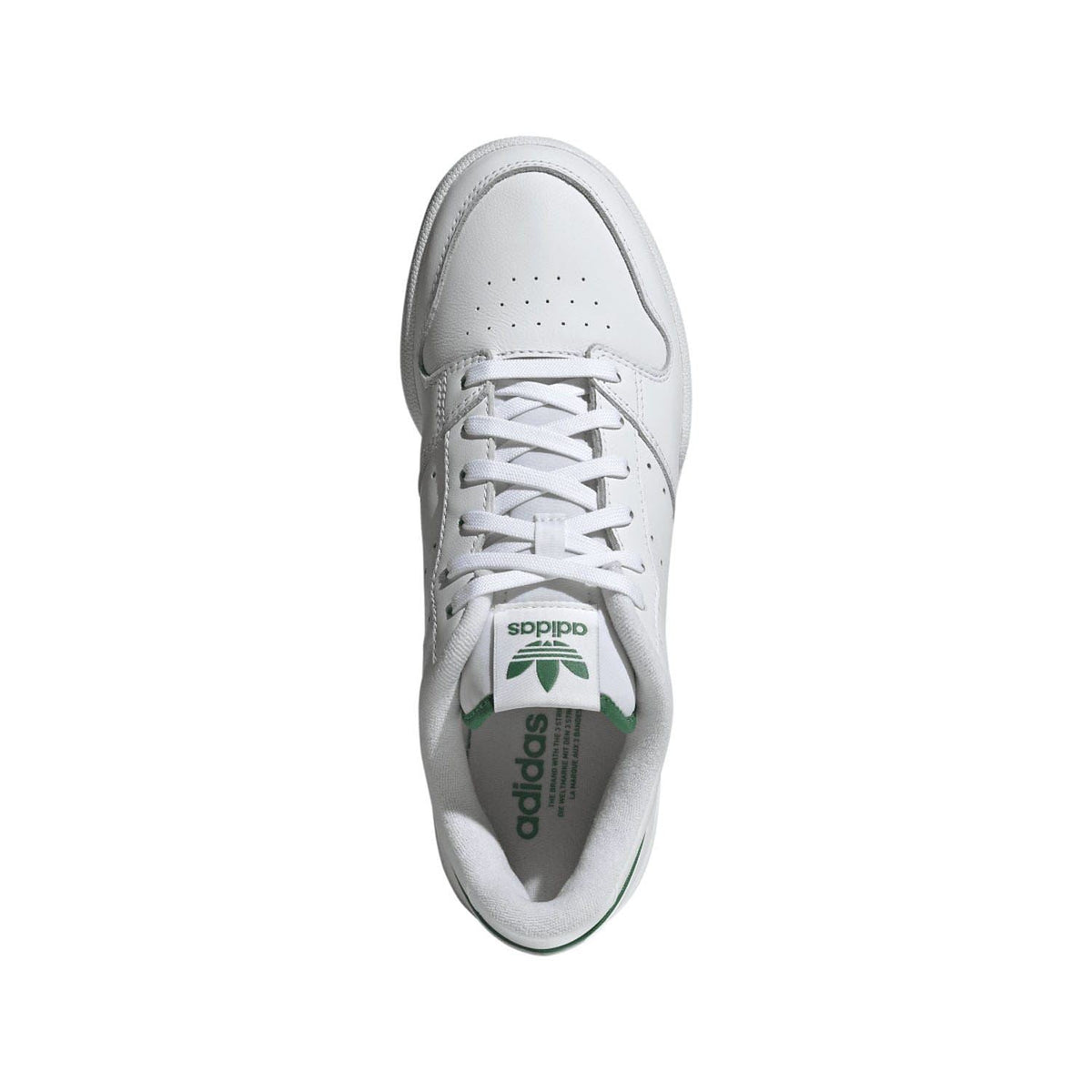 White lace-up trainers with adidas logo on the tongue lining and cushioned collar.