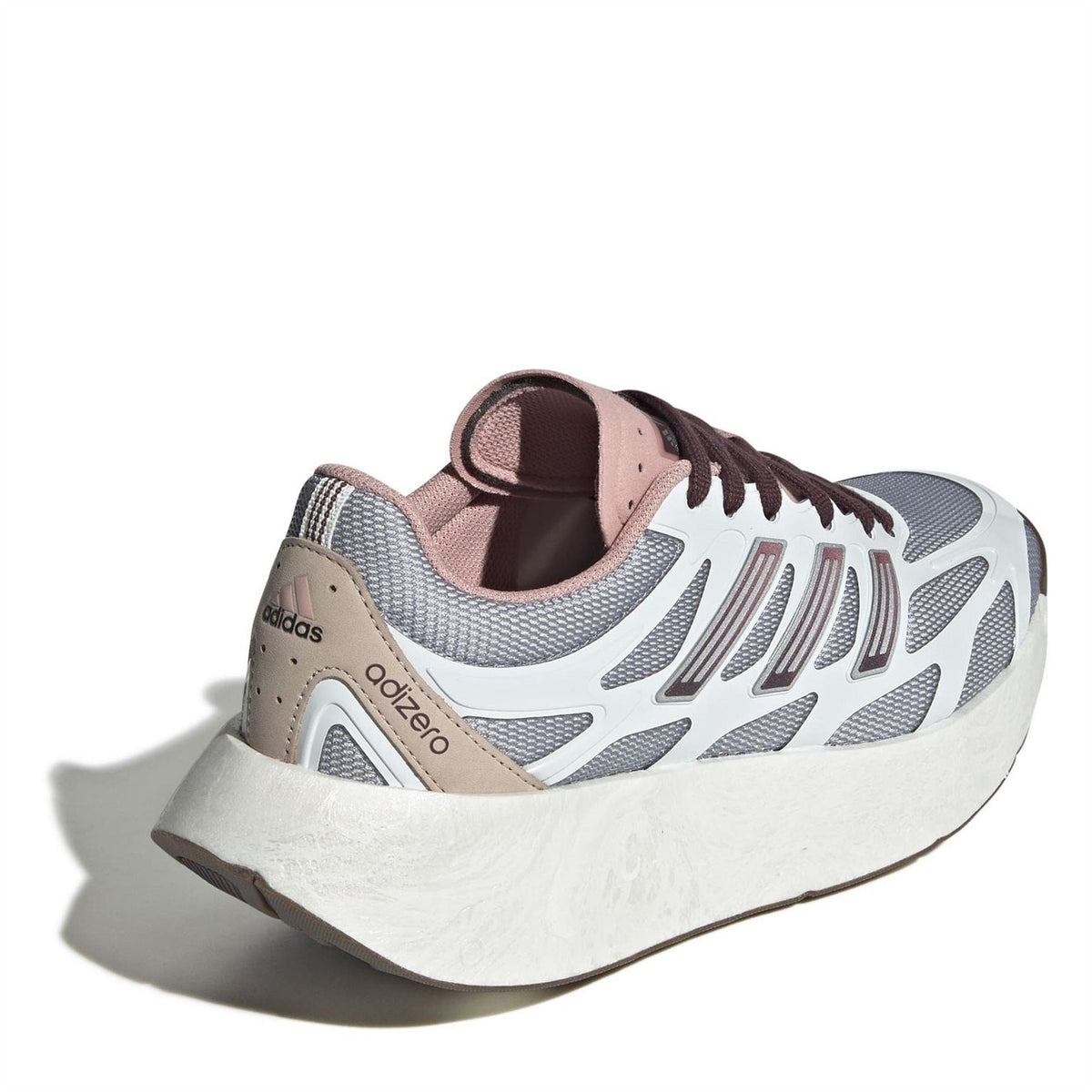 White and mauve low-top sneakers, back 3/4 view with adidas label on heel