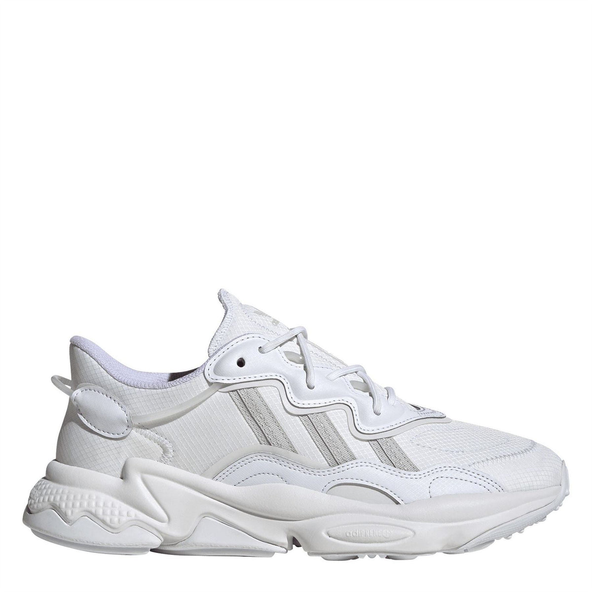 adidas Originals Ozweego low-top trainers with white and grey synthetic upper, cushioned midsole, and rubber outsole.