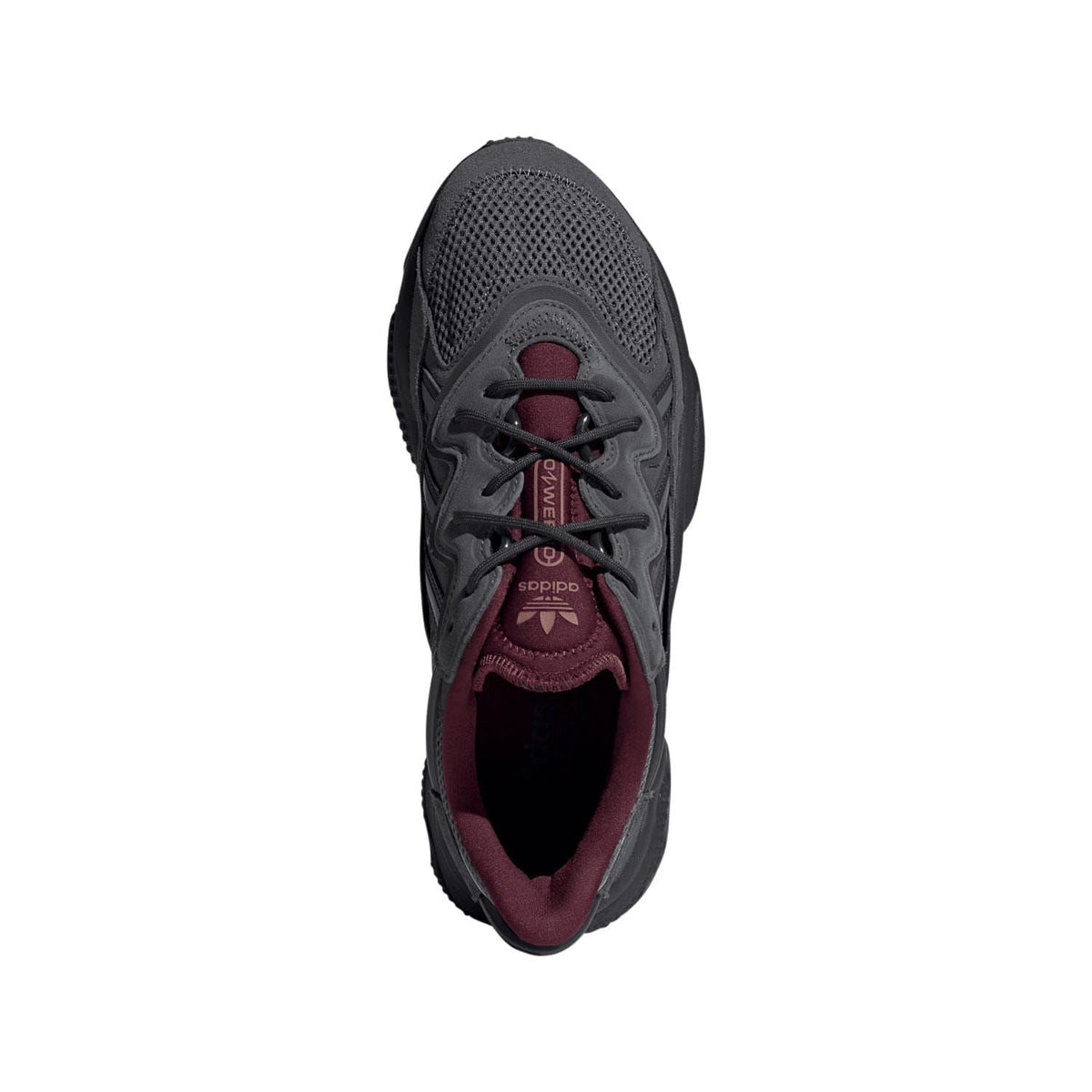 Grey lace-up sneaker with burgundy interior lining, front view