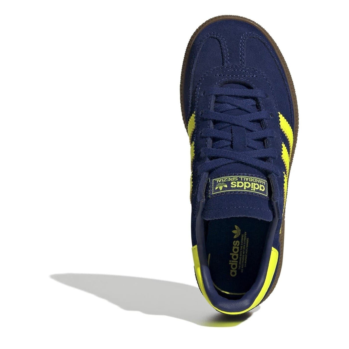 Kids' adidas Spezial sneakers front view, dark blue laces and neon yellow stripe details