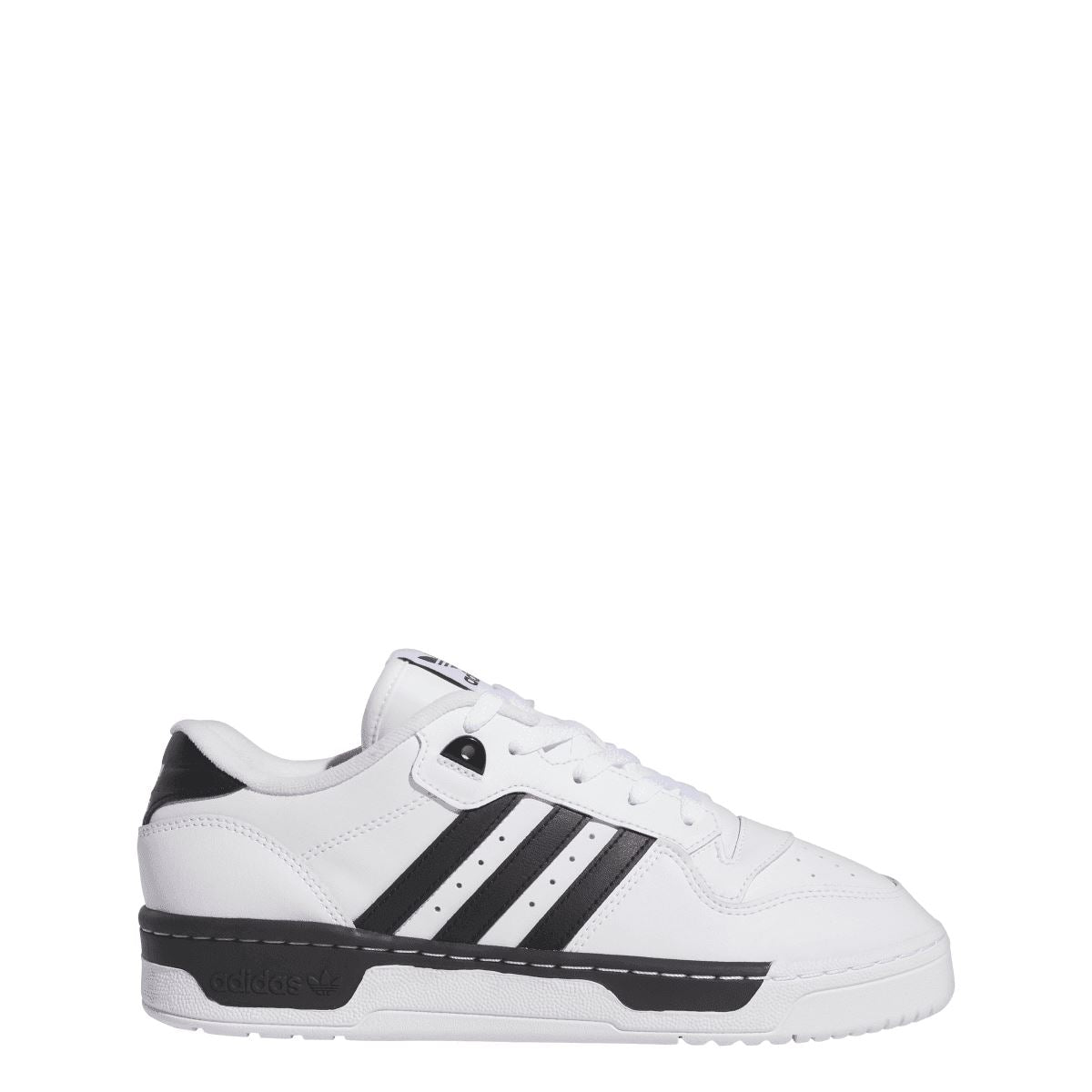 White low-top trainers with three black stripes, lace-up front, and cushioned collar