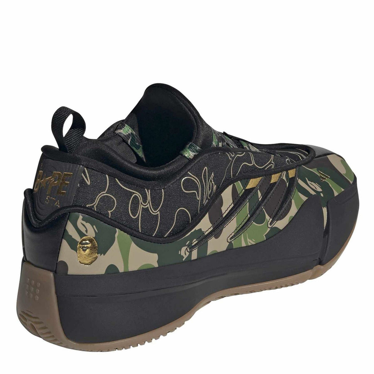 Black camo trainers with embroidered line art, lace-up closure, and rubber sole